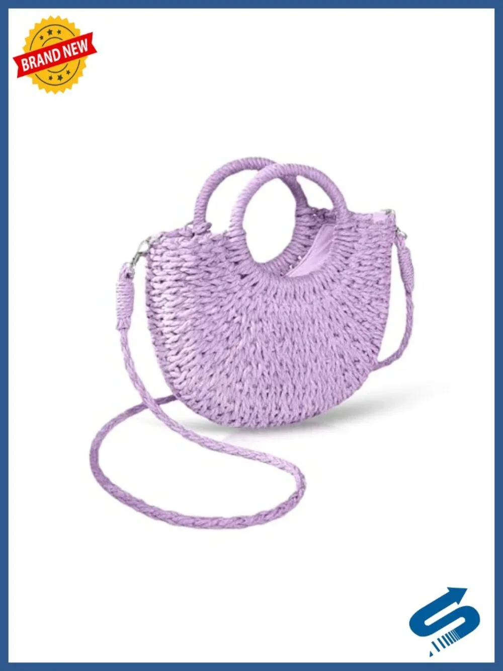 Handwoven Rattan Straw Semi-Circle Tote Beach Bag with Drawstring and Shoulder
